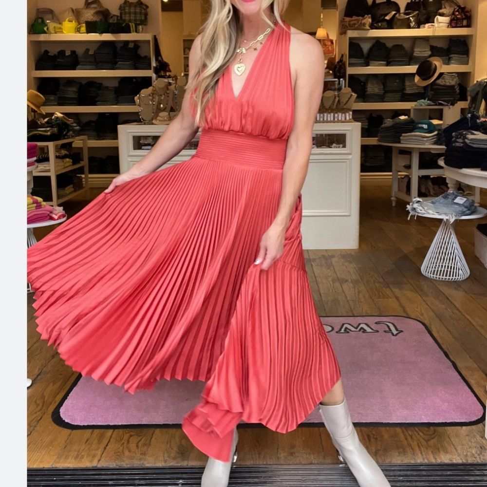A.L.C. Coral Pleated Halter Midi Dress